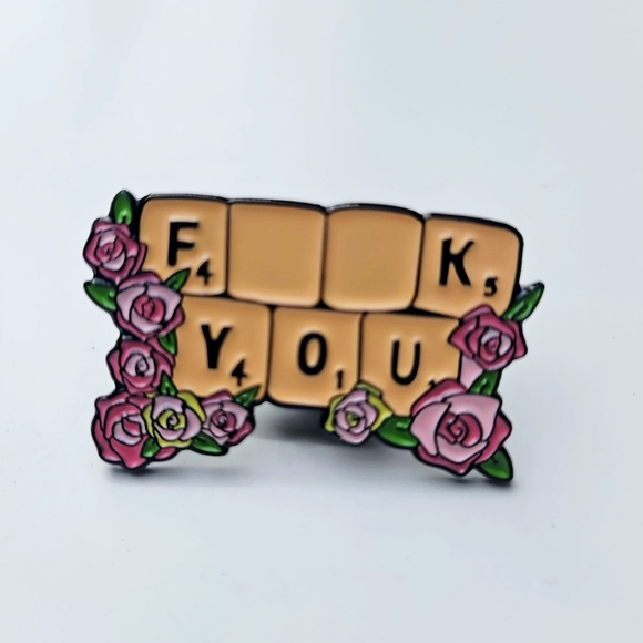 Moon Goddess Boutique Jewelry - ENAMEL LAPEL PIN | Scrabble | Fuck You Floral Rose Details Enamel Metal Pin